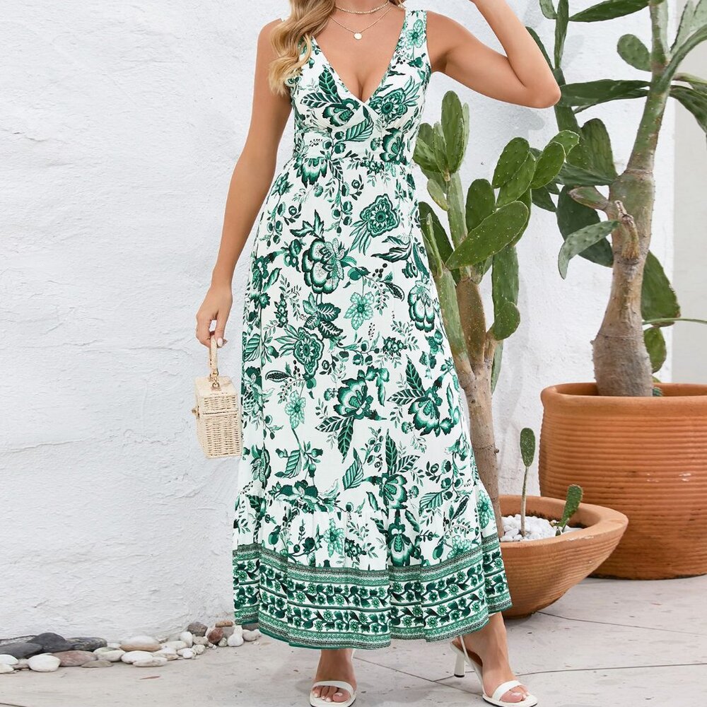 Sexy V-neck slim dress floral dress retro printed long skirt